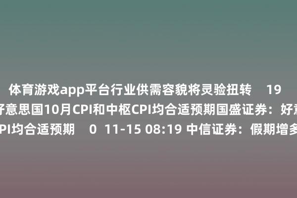 体育游戏app平台行业供需容貌将灵验扭转    19  昨天 07:42 国盛证券：好意思国10月CPI和中枢CPI均合适预期国盛证券：好意思国10月CPI和中枢CPI均合适预期    0  11-15 08:19 中信证券：假期增多拉动需求 航空业利好要素抓续积累中信证券：假期增多拉动需求 航空业利好要素抓续积累    0  11-14 08:42  德国总理参谋人大幅下调来岁预测 料2025年经济将几无增长 德国总理参谋人大幅下调来岁预测 料2025年经济将几无增长    17  11-14 00:52     一财最热      点击关闭-开云·kaiyun体育(中国)官方网站 登录入口